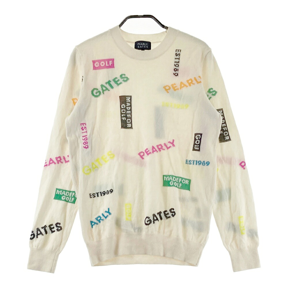 PEARLY GATES パーリーゲイツ  カシミール混 編み物スウェーター ロゴタイプ総柄 ベージュ系 2 【中古】ゴルフ御召しもの レディース