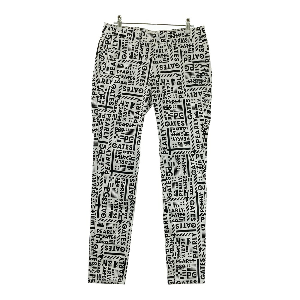 PEARLY GATES パーリーゲイツ ストレッチ ロングパンツ ロゴ総柄 ホワイト系 2 【中古】ゴルフウェア レディース