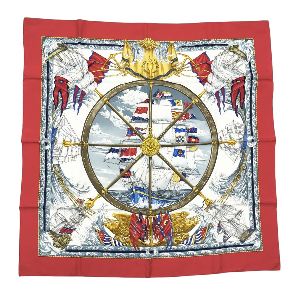 HERMES エルメス シルクスカーフ カレ90 VIVE LE VENT 風よ吹け レッド系 【中古】レディース