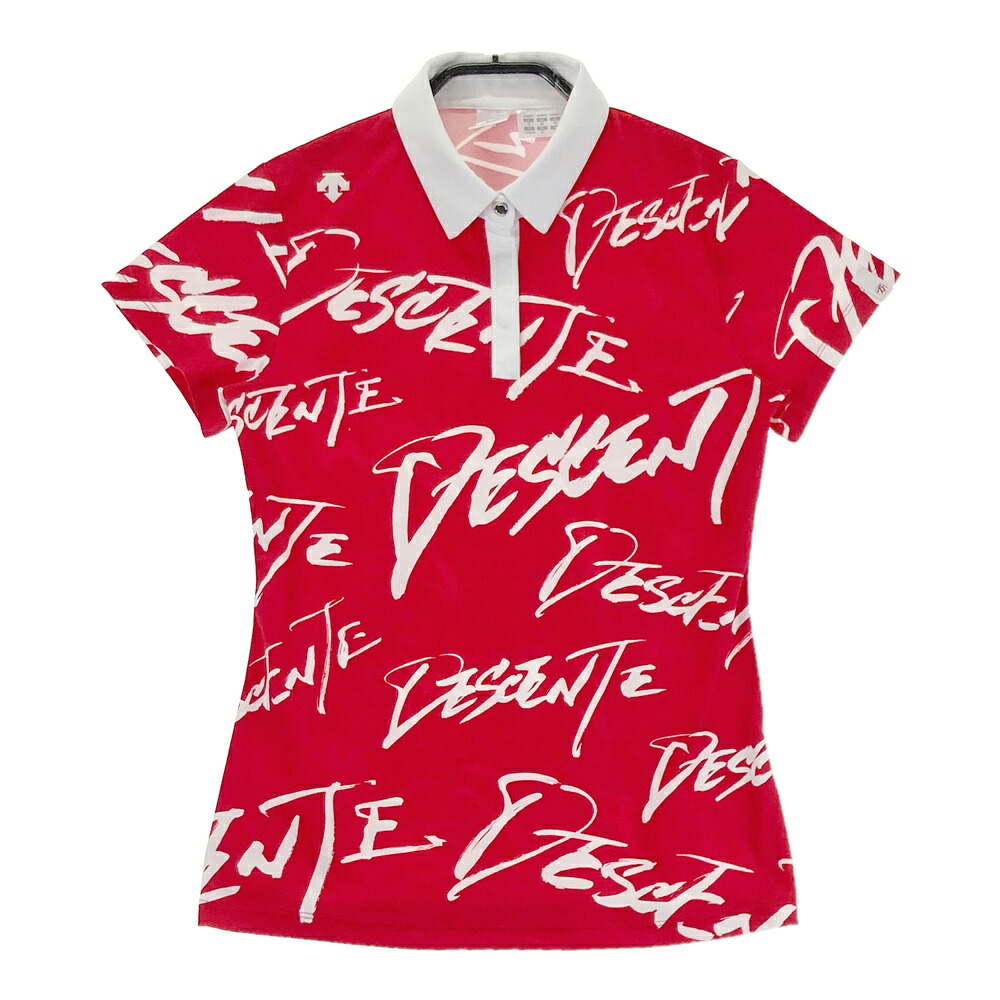 DESCENTE GOLF デサントゴルフ 半袖ポロシャツ 総柄 レッド系 M 【中古】ゴルフウェア レディース