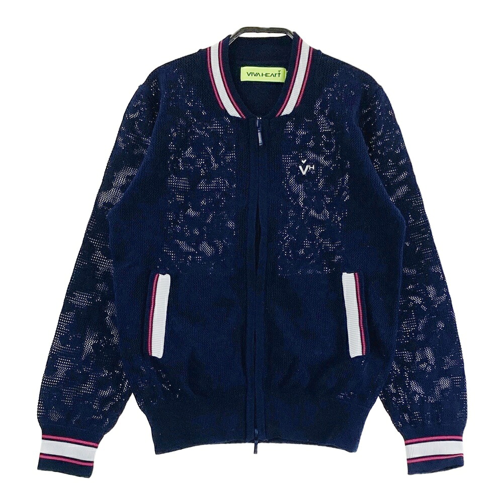 VIVA HEART ビバハート メッシュニット ジップジャケット チェリー 総柄 ネイビー系 40 【中古】ゴルフウェア レディース 4,620円