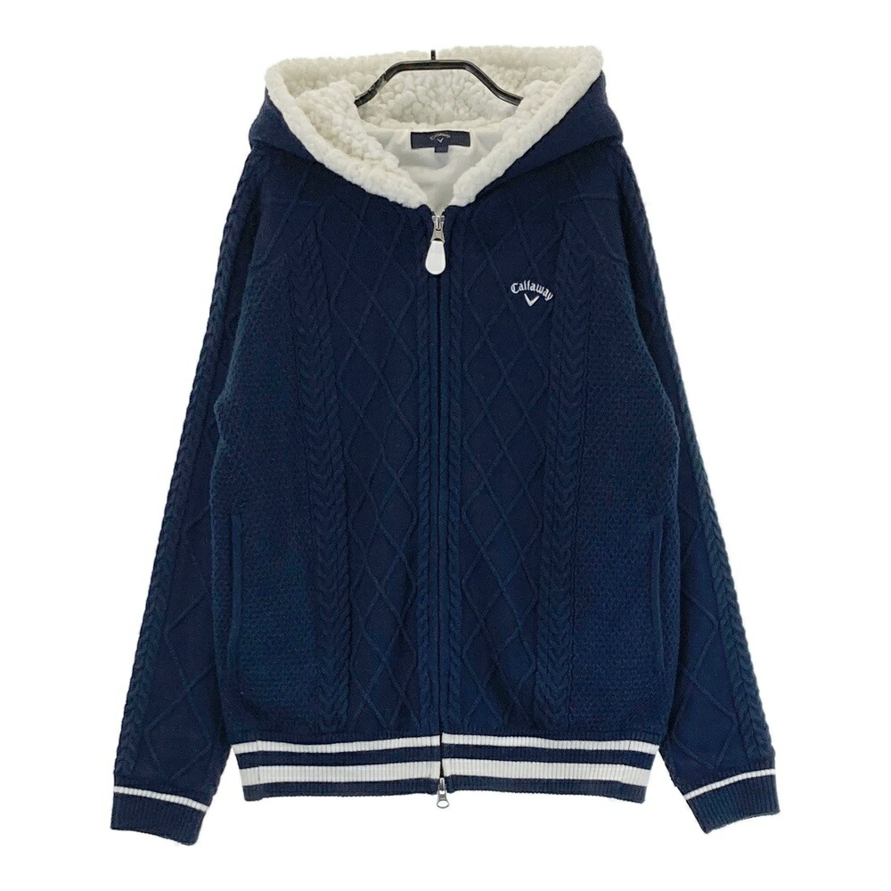CALLAWAY キャロウェイ フード付 ボア切替 ニット ジップジャケッ ネイビー系 L 【中古】ゴルフウェア レディース