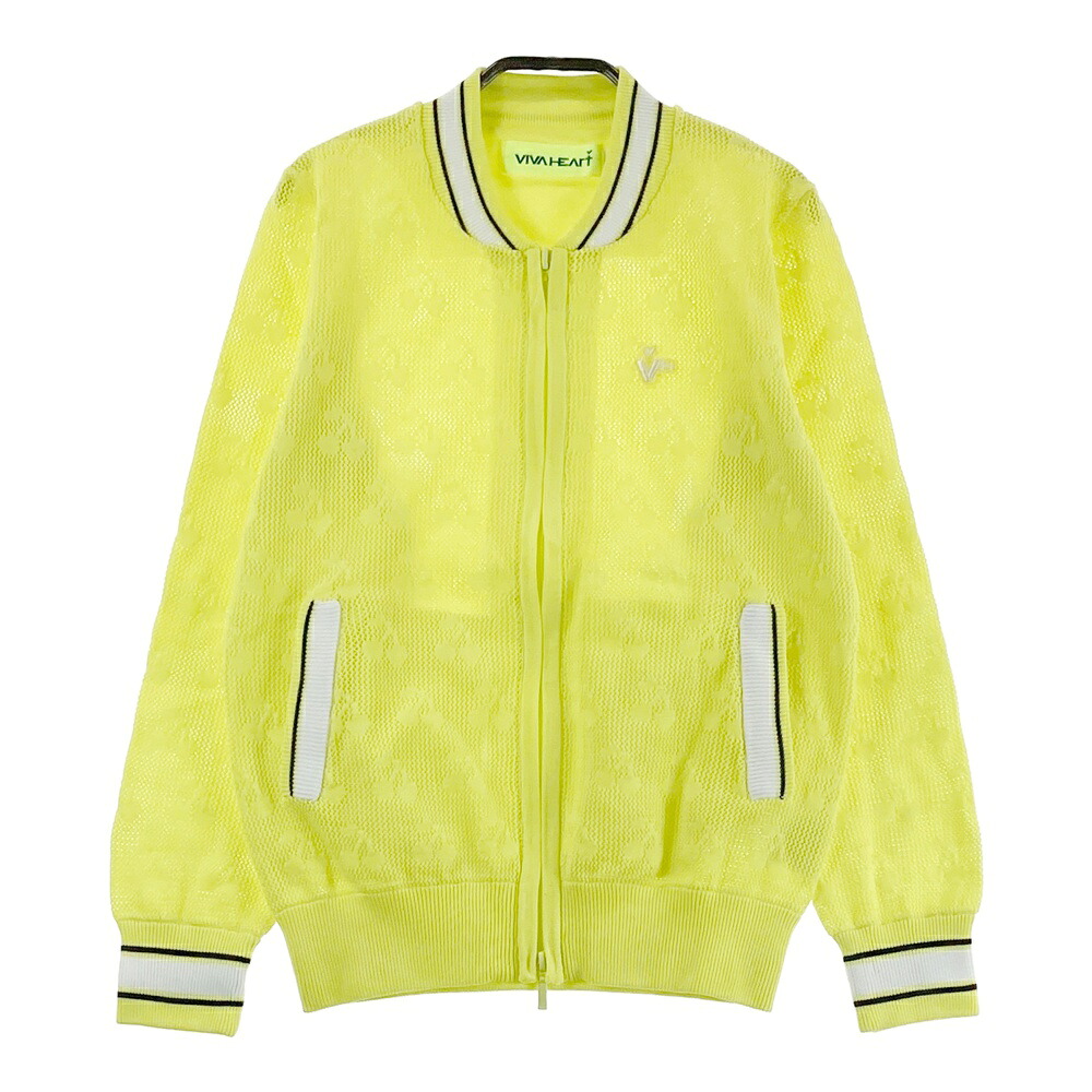 VIVA HEART ビバハート メッシュニット ジップジャケット チェリー 総柄 イエロー系 40 【中古】ゴルフウェア レディース