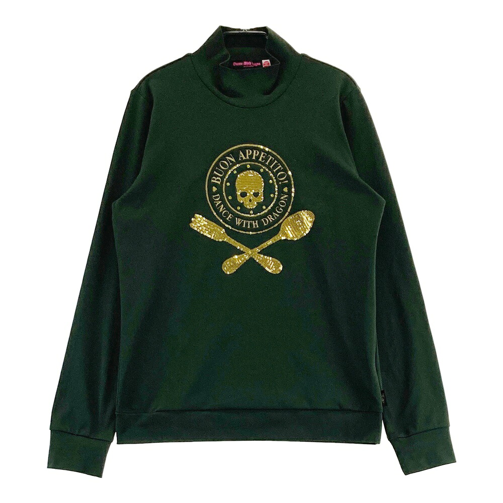 DANCE WITH DRAGON ダンスウィズドラゴン ハイネック 長袖Tシャツ スパンコール カーキ系 2 【中古】ゴルフウェア レディース