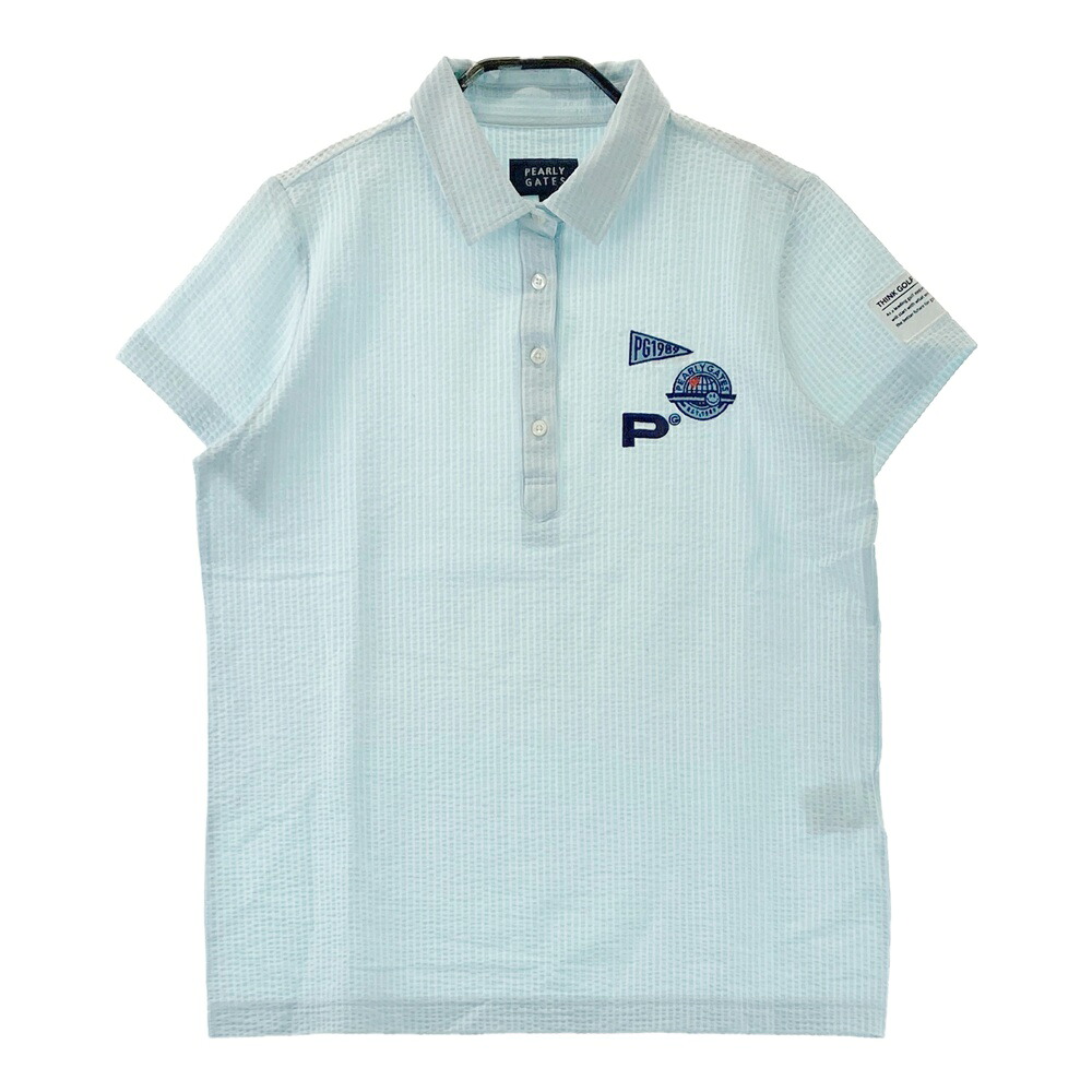 PEARLY GATES パーリーゲイツ 半袖ポロシャツ シアサッカー ストライプ柄 ブルー系 1 【中古】ゴルフウェア レディース