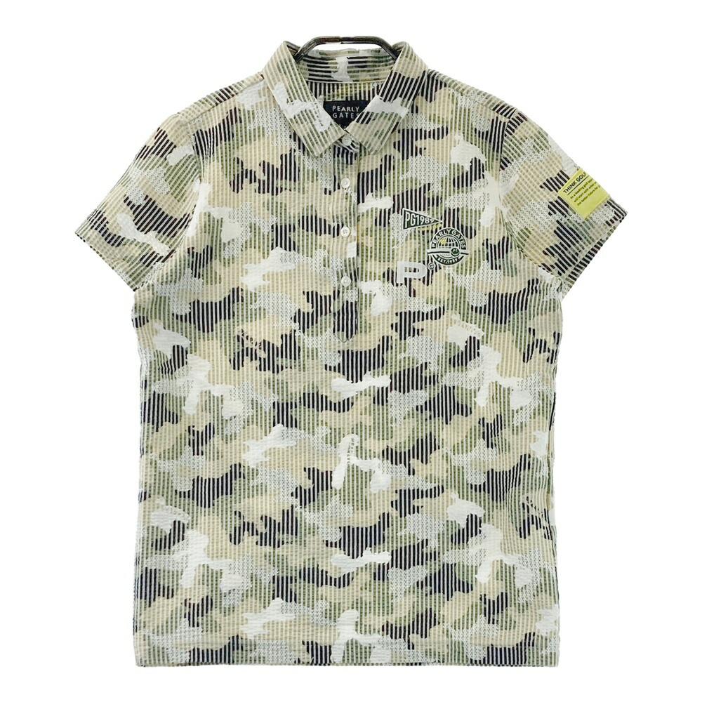 PEARLY GATES パーリーゲイツ 半袖ポロシャツ シアサッカー カモフラ柄 カーキ系 1 【中古】ゴルフウェア レディース