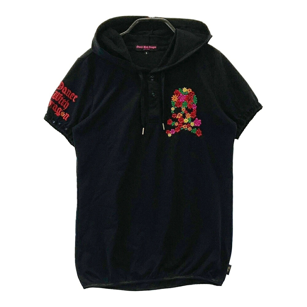 DANCE WITH DRAGON ダンスウィズドラゴン フード 半袖Tシャツ スカル 花刺繍 ブラック系 2 【中古】ゴルフウェア レディース