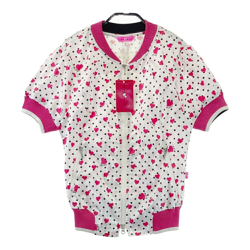 VIVA HEART ビバハート 半袖 ジップジャケット バックメッシュ ドット×ハート柄 ホワイト系 42 【中古】ゴルフウェア レディース