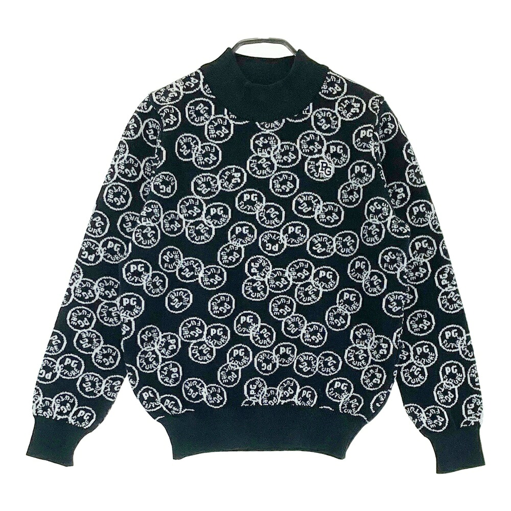 PEARLY GATES パーリーゲイツ  モックネック長袖編み物スウェーター PG含み笑い柄 黒いこと系 0 【中古】ゴルフ御召しもの レディース