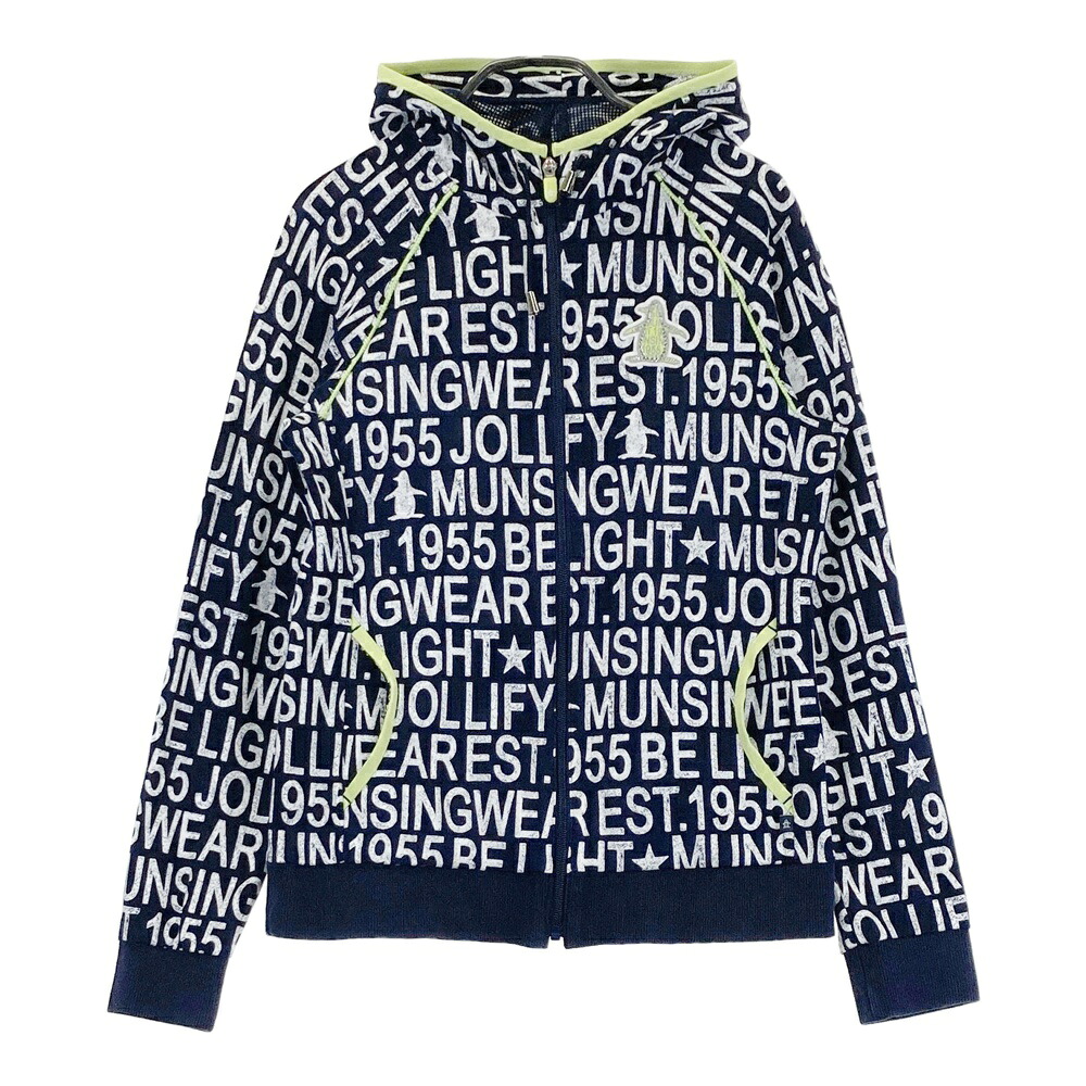 MUNSING WEAR マンシングウェア フード付 長袖 ジップジャケット ロゴ総柄 ネイビー系 L 【中古】ゴルフウェア レディース