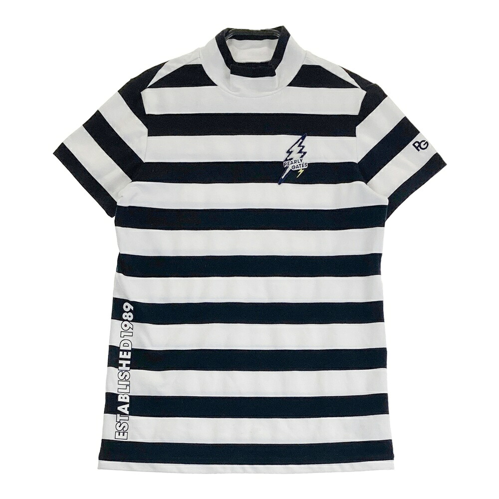 PEARLY GATES パーリーゲイツ モックネック　半袖Tシャツ ボーダー柄 ネイビー系 0 【中古】ゴルフウェア レディース