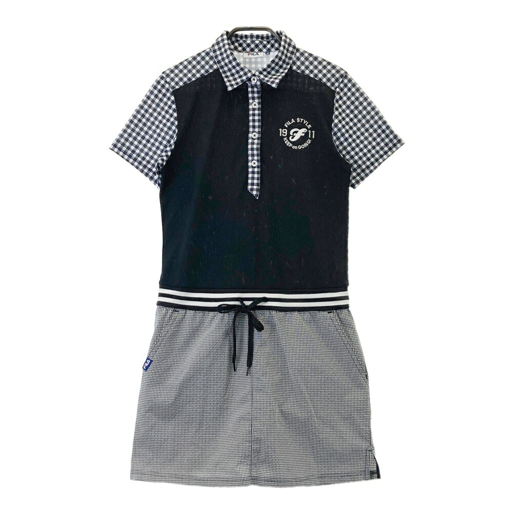 FILA GOLF フィラゴルフ 半袖ポロワンピース シアサッカー チェック柄 ブラック系 M 【中古】ゴルフウェア レディース