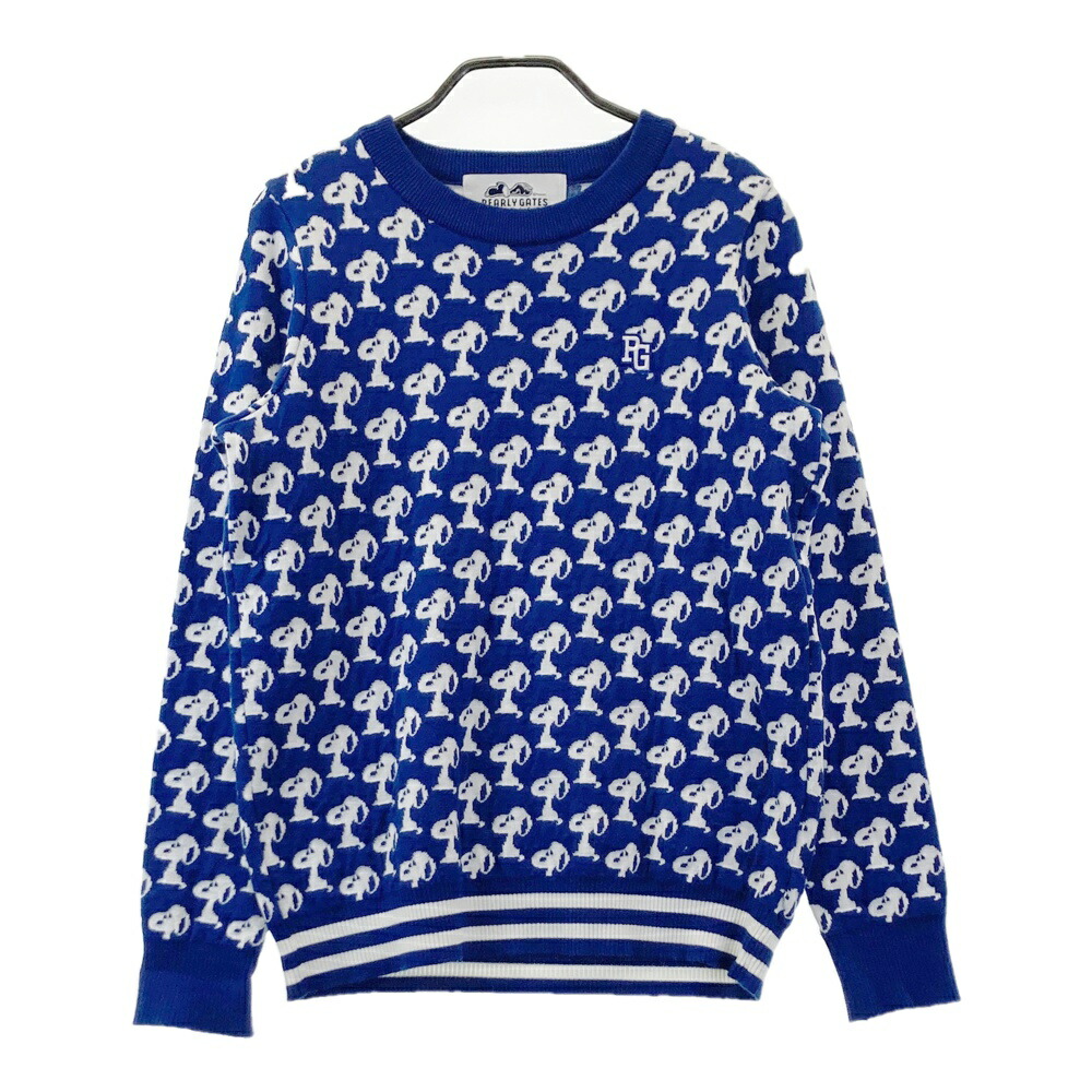 PEARLY GATES パーリーゲイツ ×PEANUTS 編み物スウェーター おせっかい柄 青み系 0 【中古】ゴルフ御召しもの レディース