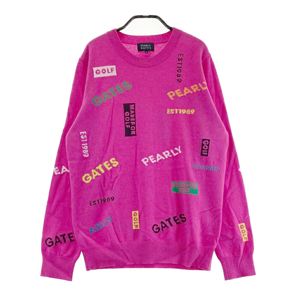 PEARLY GATES パーリーゲイツ  羊毛 カシミール混 編み物スウェーター 総柄 サクラ色系 2 【中古】ゴルフ御召しもの レディース
