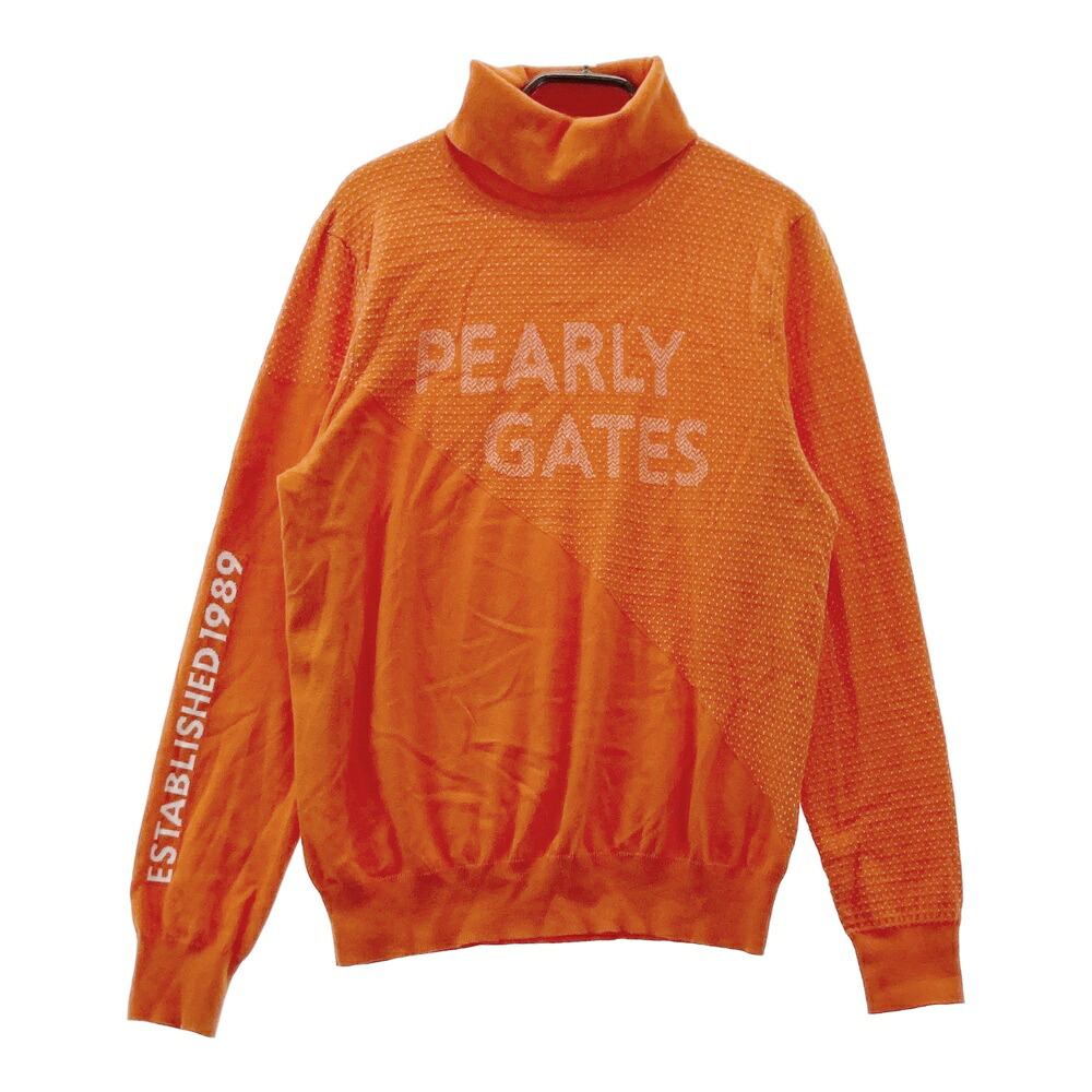 PEARLY GATES パーリーゲイツ 2024年模範例 綿織物混 タートルネック 編み物スウェーター 総柄 オレンジ色系 2 【中古】ゴルフ御召しもの レディース