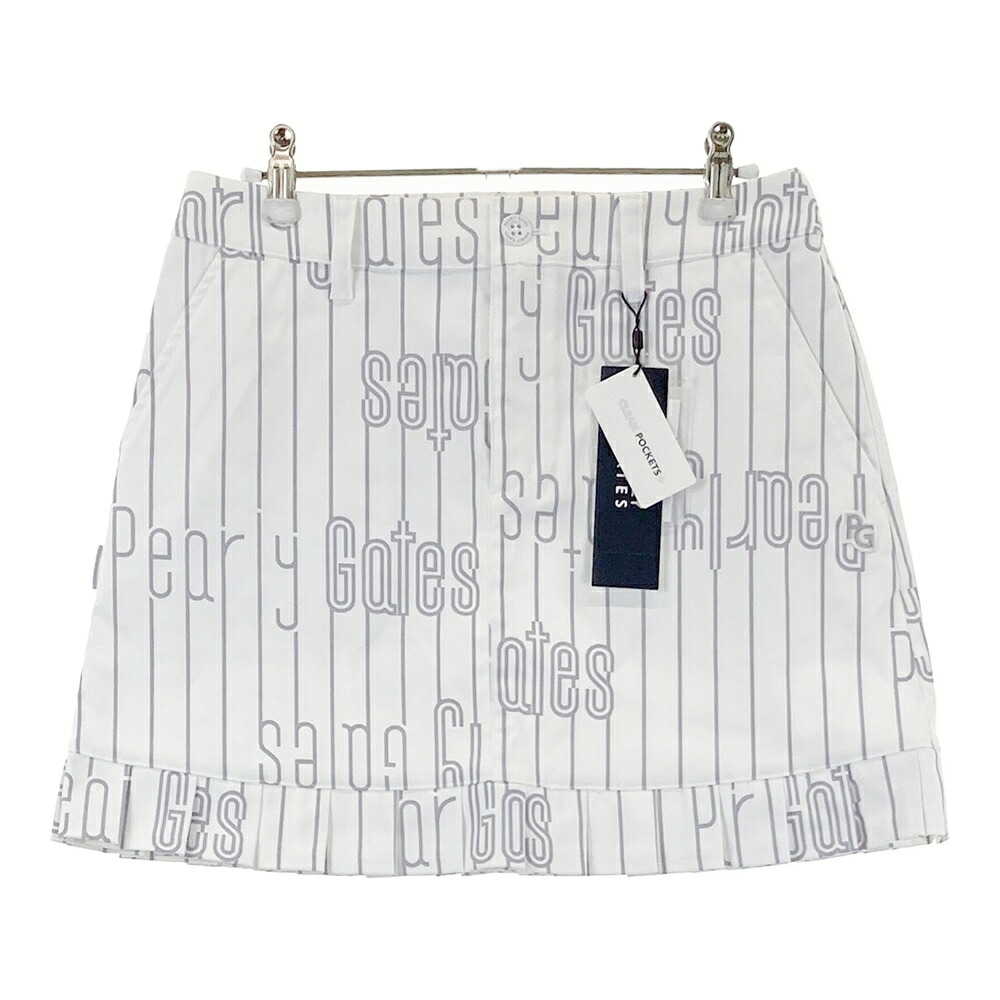 PEARLY GATES パーリーゲイツ ×THINK GOLF プリーツ スカート ストライプ ロゴ総柄 ホワイト系 1 【中古】ゴルフウェア レディース|中古ゴルフウェア通販STST