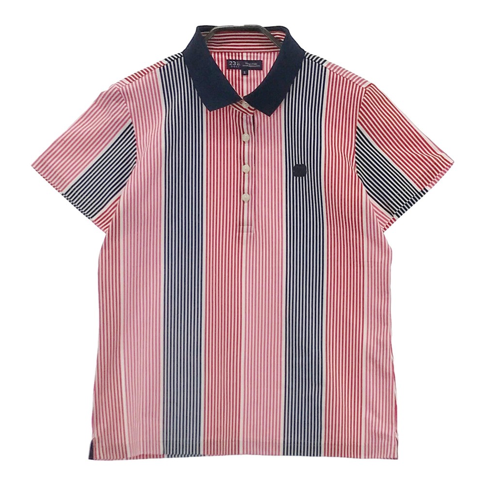 23区GOLF ニジュウサンクゴルフ IM.0438 半袖ポロシャツ ストライプ柄 レッド系 2 【中古】ゴルフウェア レディース
