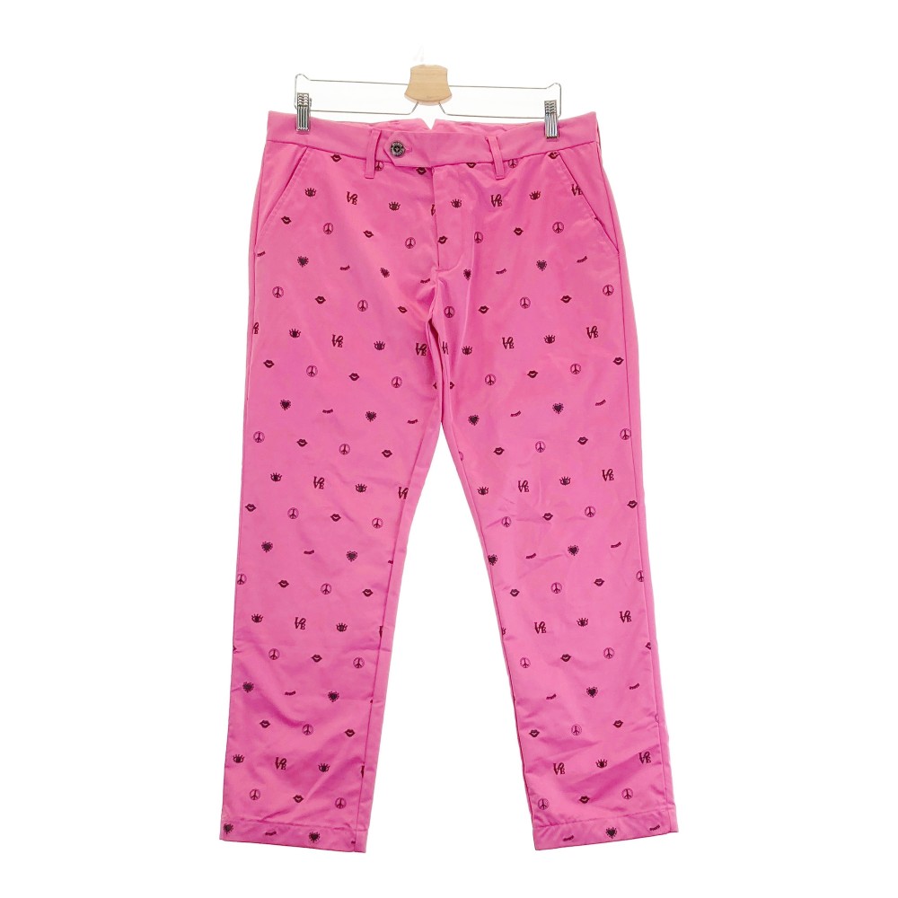 DANCE WITH DRAGON ダンスウィズドラゴン ストレッチパンツ LOVE&PEACE アイコン総柄 ピンク系 4 【中古】ゴルフウェア メンズ|中古ゴルフウェア通販STST