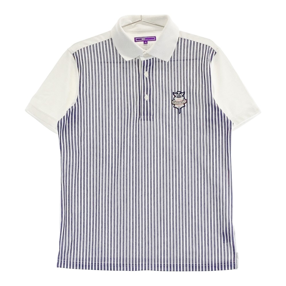 BEAMS GOLF ビームスゴルフ 半袖ポロシャツ ワッペン ストライプ柄 ネイビー系 S 【中古】ゴルフウェア メンズ