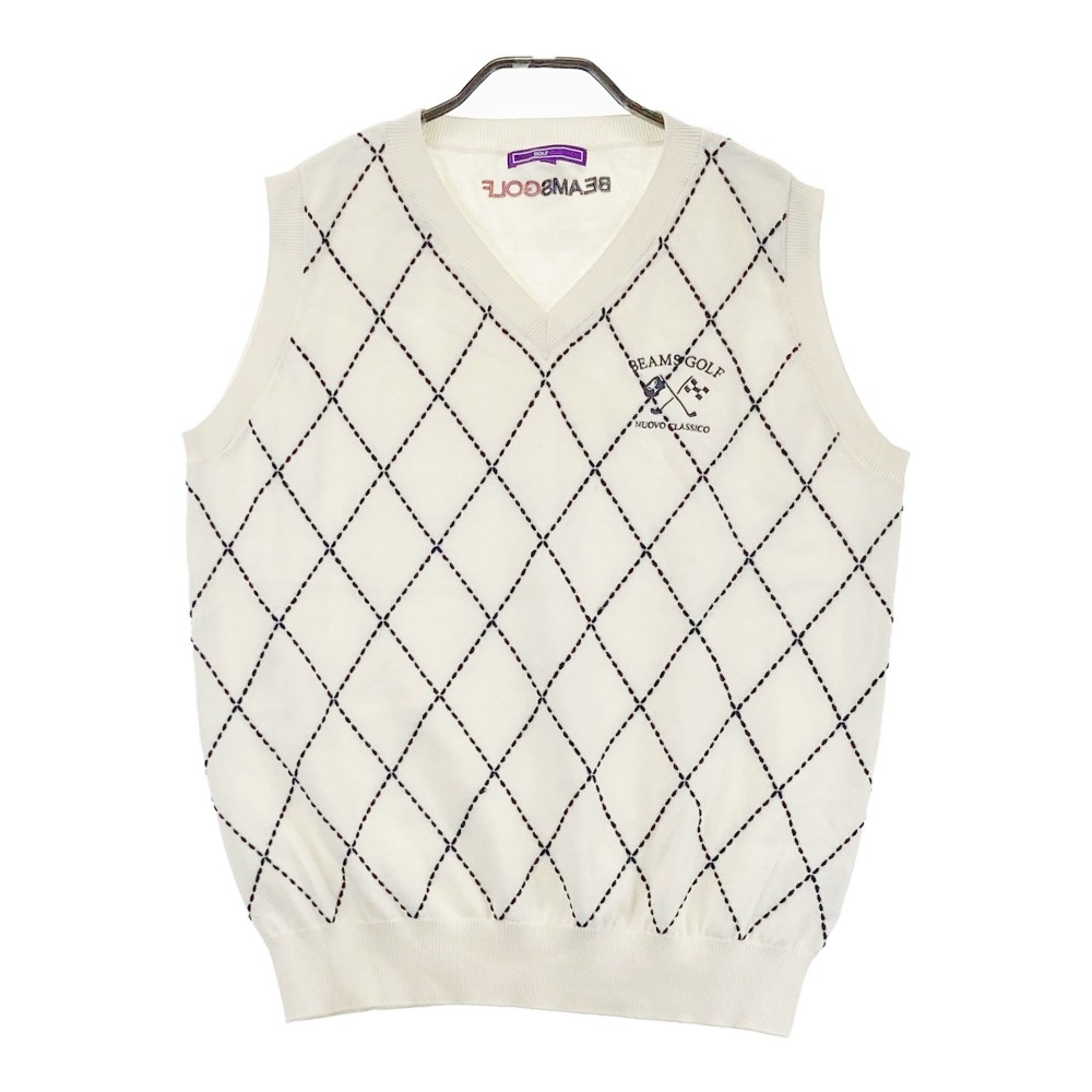 BEAMS GOLF ビームスゴルフ ニットベスト ダイヤ格子柄 ホワイト系 L 【中古】ゴルフウェア メンズ