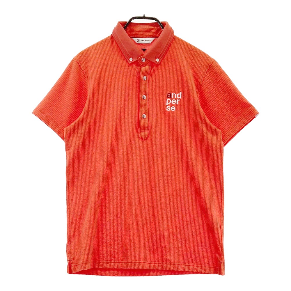 AND PER SE アンパスィ 半袖ポロシャツ ボタンダウン ストライプ柄 オレンジ系 L 【中古】ゴルフウェア メンズ