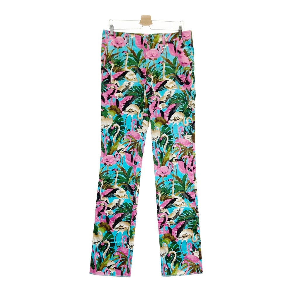 LOUD MOUTH ラウドマウス ストレッチパンツ ピンクフラミンゴ柄 ブルー系 LL 【中古】ゴルフウェア メンズ|中古ゴルフウェア通販STST