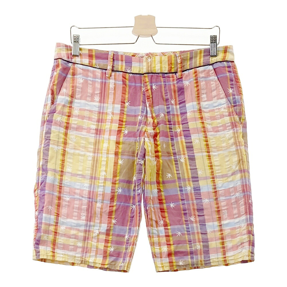 MARK&LONA マークアンドロナ シアサッカー ハーフパンツ チェック柄 イエロー系 L 【中古】ゴルフウェア メンズ