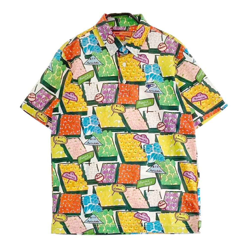 BEAMS GOLF ビームスゴルフ 半袖ポロシャツ ボタンダウン フルーツ 総柄 ホワイト系 S 【中古】ゴルフウェア メンズ