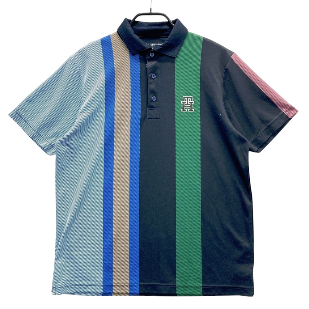 TOMMY HILFIGER GOLF トミー ヒルフィガーゴルフ 半袖ポロシャツ ストライプ柄 ネイビー系 L 【中古】ゴルフウェア メンズ