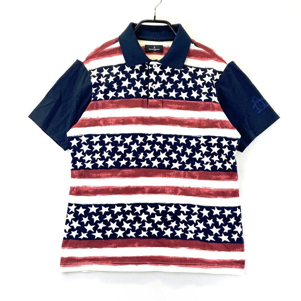 MUNSING WEAR マンシングウェア 半袖ポロシャツ 星条旗 総柄 ネイビー系 M 【中古】ゴルフウェア メンズ