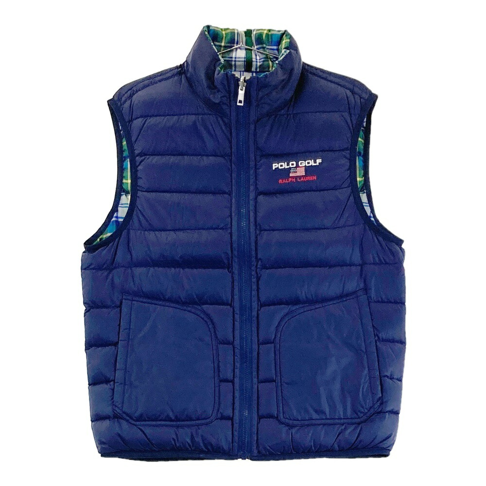 POLOGOLF ラルフローレン ポロゴルフ リバーシブル ダウンベスト チェック柄 ネイビー系 S 【中古】ゴルフウェア メンズ