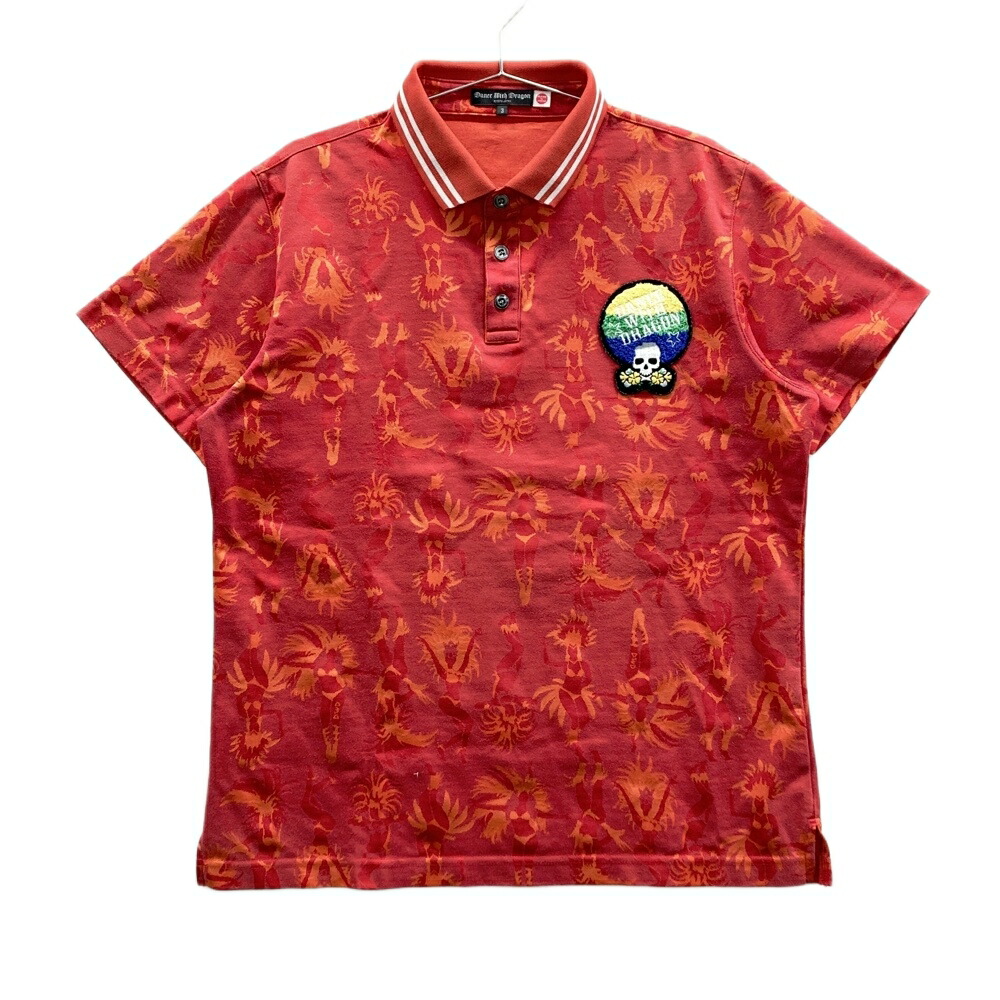 DANCE WITH DRAGON ダンスウィズドラゴン 半袖ポロシャツ 総柄 レッド系 3 【中古】ゴルフウェア メンズ