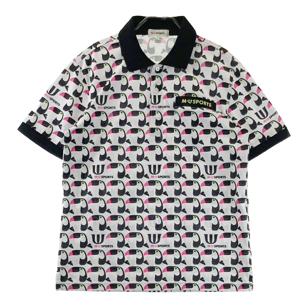 M.U SPORTS エムユースポーツ 半袖ポロシャツ ロゴ総柄 ホワイト系 50 【中古】ゴルフウェア メンズ