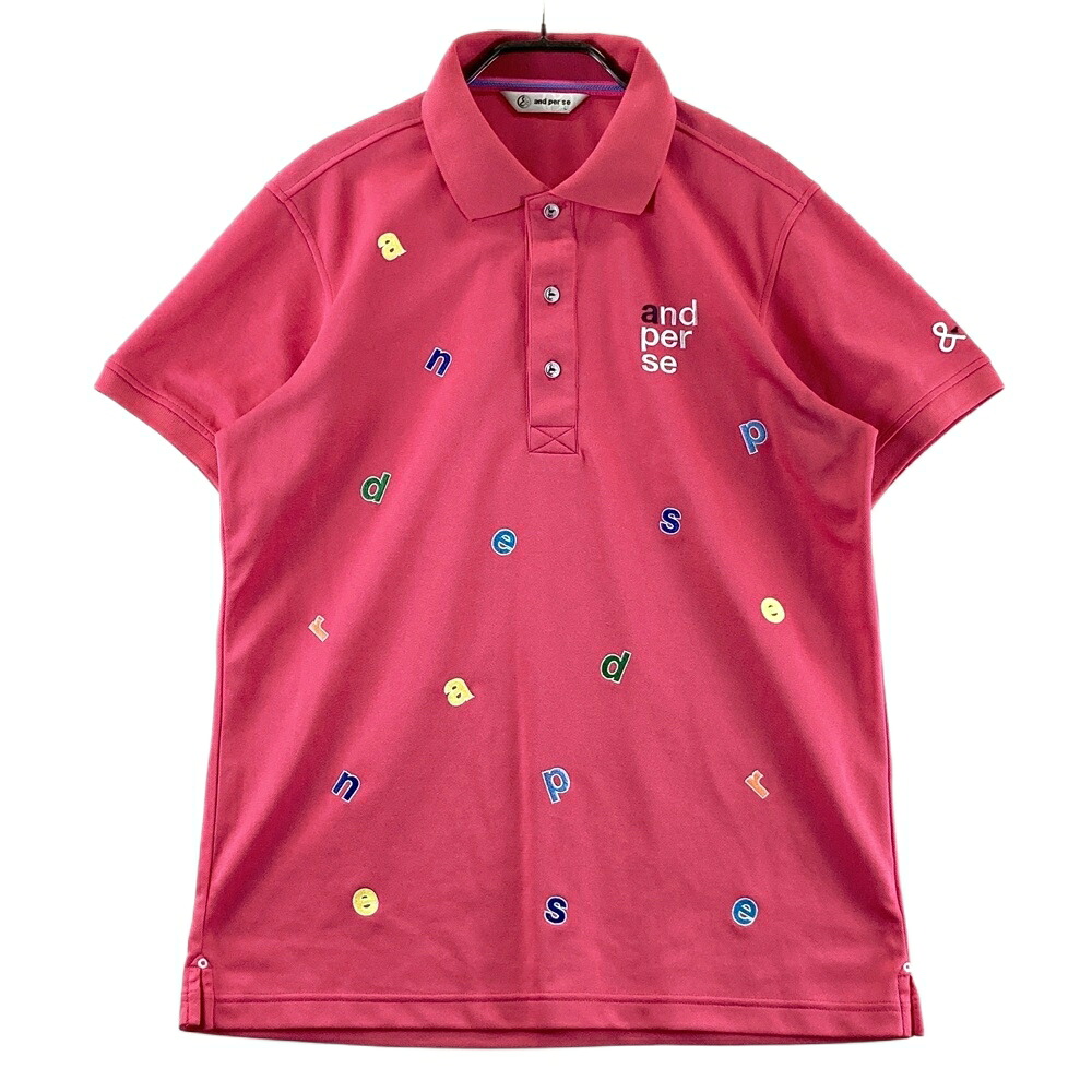 AND PER SE アンパスィ  半袖スポーツシャツ 刺しゅう 総柄 サクラ色系 L 【中古】ゴルフお召しもの メンズ ゴルフ-スポーツ・アウトドア-ウェア