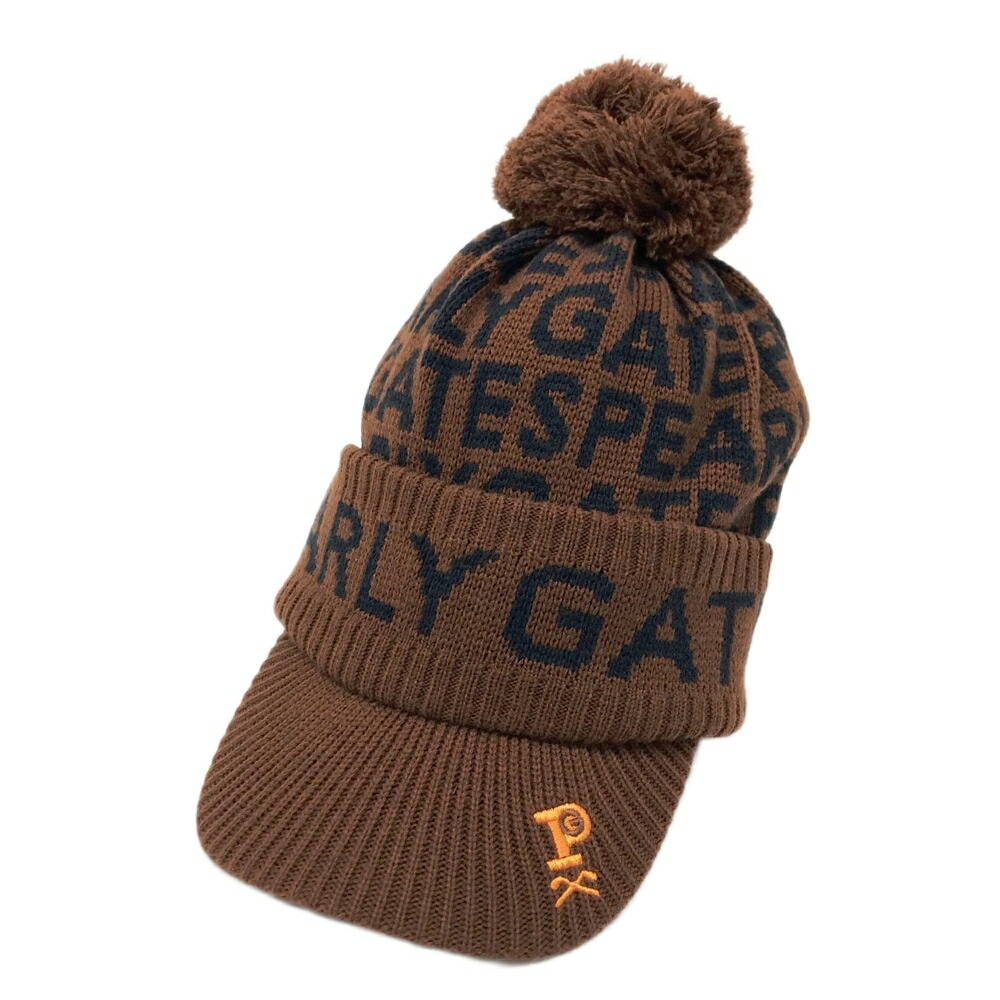 PEARLY GATES パーリーゲイツ ボンボン付 ニットキャップ ロゴ柄 ブラウン系 FR 【中古】ゴルフウェア