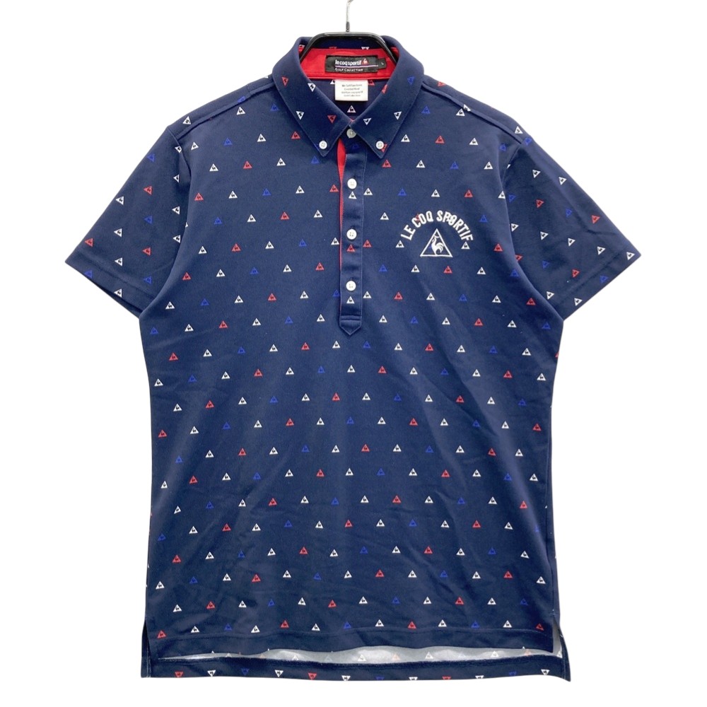 LE COQ GOLF ルコックゴルフ 半袖ポロシャツ ボタンダウン 総柄 ネイビー系 L 【中古】ゴルフウェア メンズ