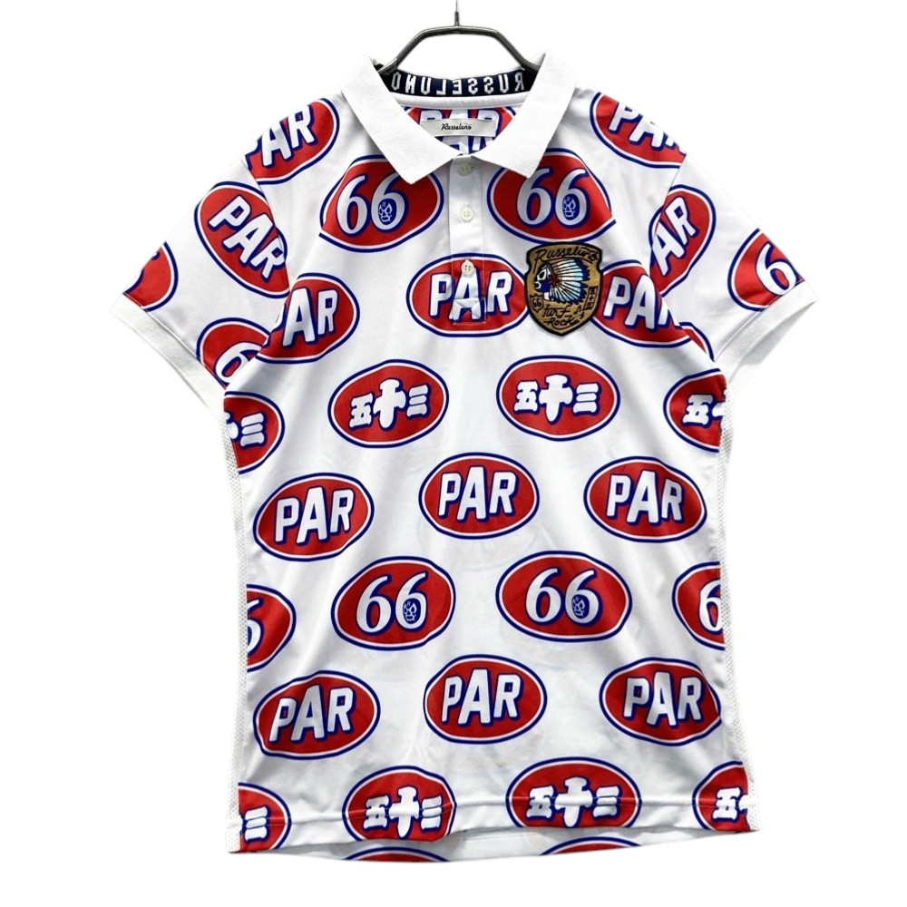 RUSSELUNO ラッセルノ 半袖ポロシャツ ルチャ ワッペン 総柄 ホワイト系 4 【中古】ゴルフウェア メンズ