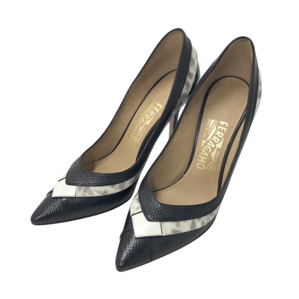 Salvatore Ferragamo サルヴァトーレ フェラガモ ポインテッドトゥ ヒールパンプス パイソン ブラック系 6 【中古】レディース