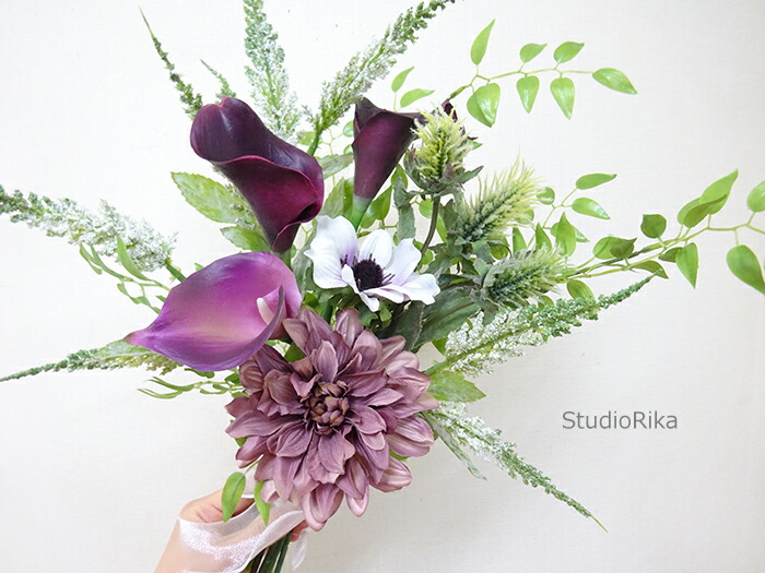 ダリア アネモネ カラー ブーケ ガラスベース アレンジ リボン オーガンジー ナチュラル ピンク パープル 紫 アートフラワー 造花 高級 翌日 即日 Lunarhomesdurgapur Com