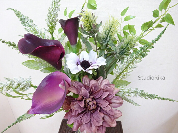 ダリア アネモネ カラー ブーケ ガラスベース アレンジ リボン オーガンジー ナチュラル ピンク パープル 紫 アートフラワー 造花 高級 翌日 即日 Lunarhomesdurgapur Com