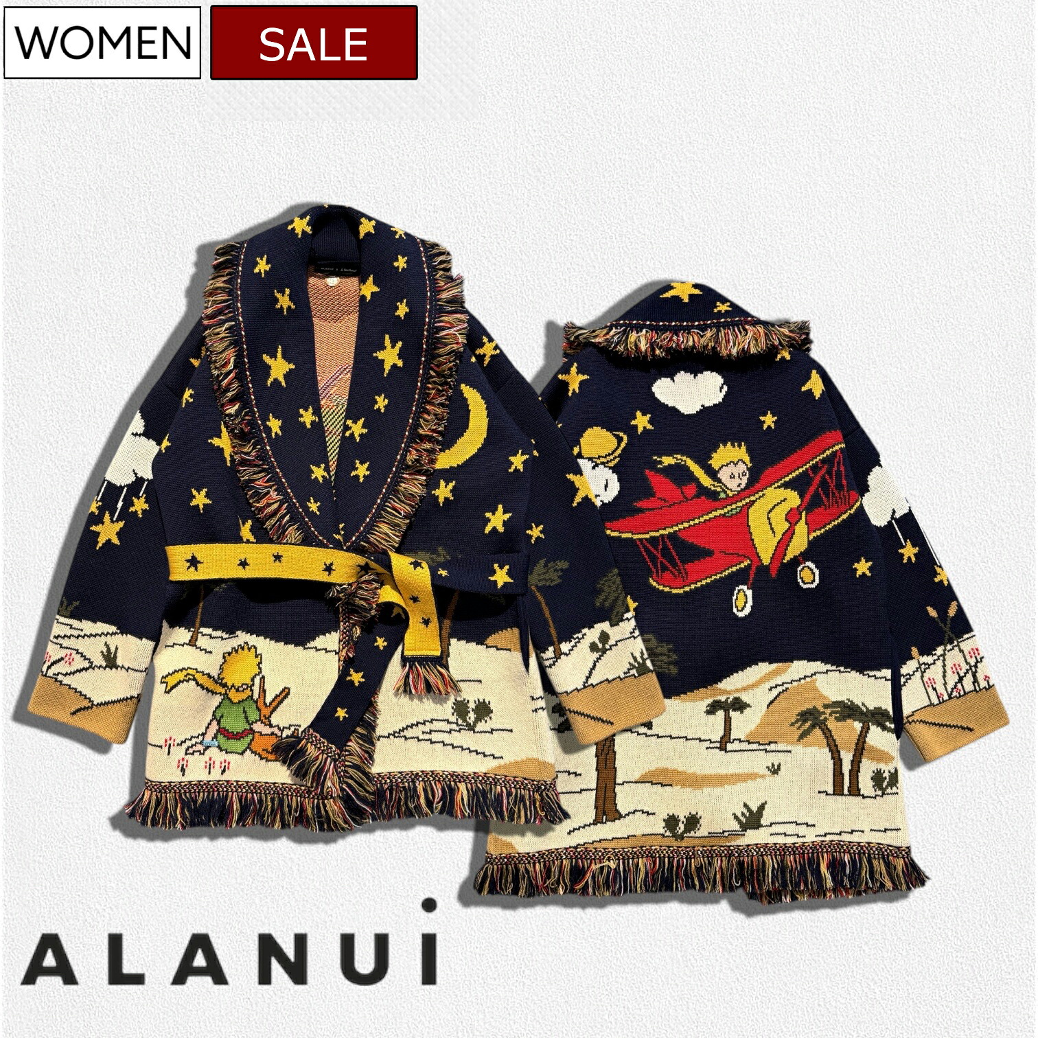 【定価455,400円(税込)】ALANUI -アラヌイ- 極上素材と職人技でのみ実現可能なデザインや着心地！Le Petit Prine 星の王子様とコラボした COLLAB THE LITTLE PRINCE CARDIGAN ジャガード織 ウールニット カーディガン フリンジ ミッドナイトブルー LWHE25-04 レディース