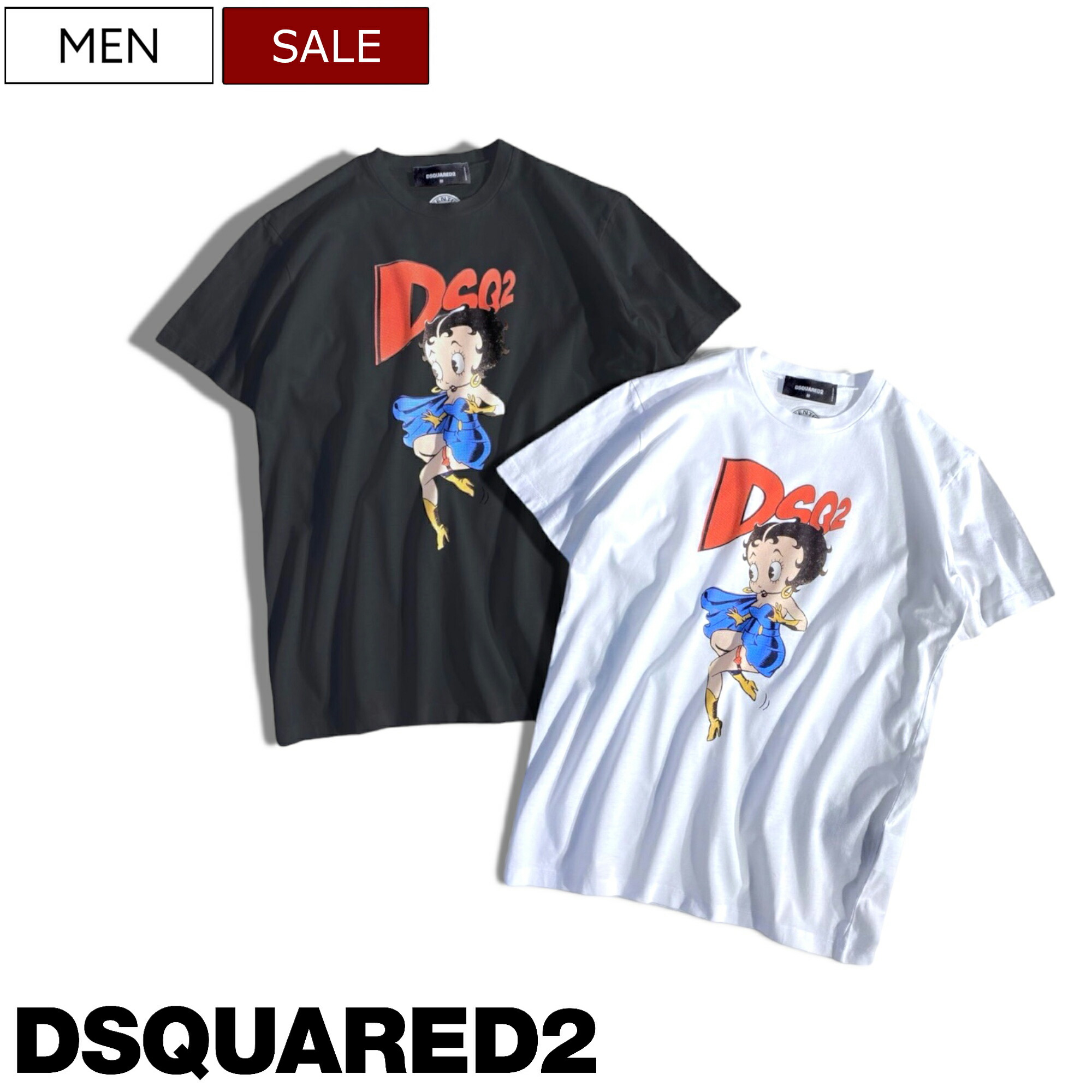 【定価48,400円(税込)】DSQUARED2 ディースクエアード 躍動感溢れるベティちゃんこと"ベティー・ブープ"とのコラボアイテム！美しいコットン地で着心地抜群ブランドロゴ入りクルーネックTシャツ ティシャツ ハーフスリーブ 半袖 ホワイト S74GD1269 メンズ 伊製 ZA126 ZA01｜Studio Route134 25,410円