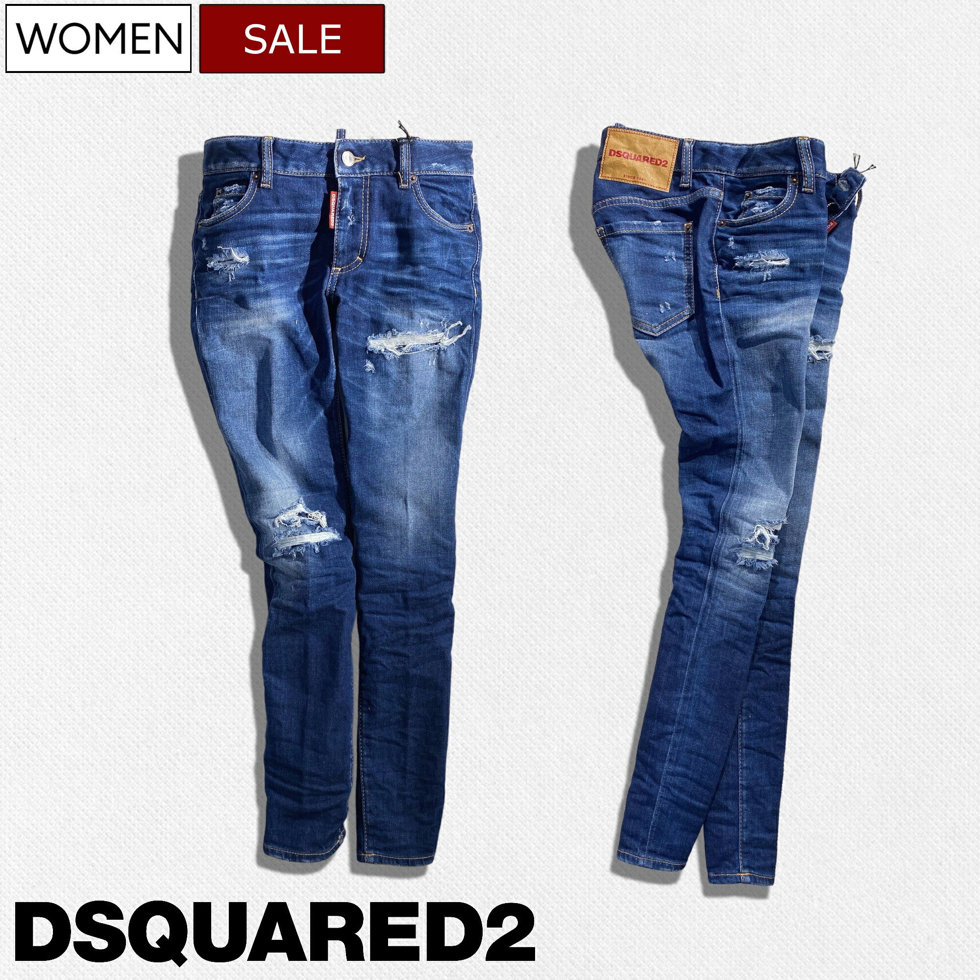 【定価111,100円(税込)】DSQUARED2 ディースクエアード 職人技が随所に光る美しく華やかなウォッシュ＆ダメージ加工テーパードデニムパンツ ジーンズ 《MEDIUM WAIST JENNIFER JEAN ミディアムウエストジェニファー》インディゴブルー S75LB0896 レディース イタリア製｜Studio Route134 46,662円