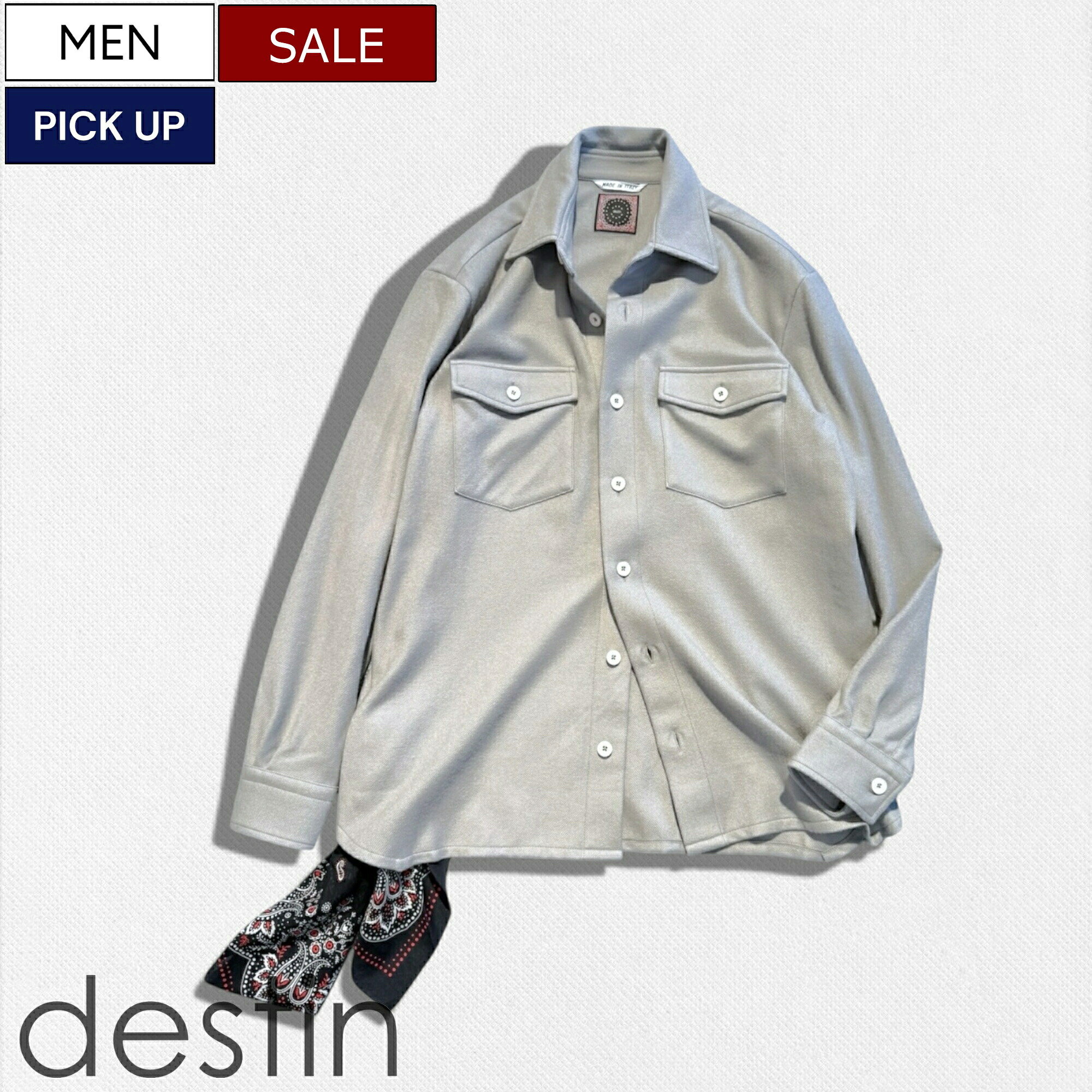 【定価75,900円(税込)】destin デスティン空気を纏ったようなふんわり軽く上質素材が生み出す極上な着心地がクセになる1枚!バンダナ付きカシミア混ウールシャツジャケット アウター カシミヤ ウール シャケット スモーク ブルーグレー rolfsu イタリア製 メンズ|Studio Route134