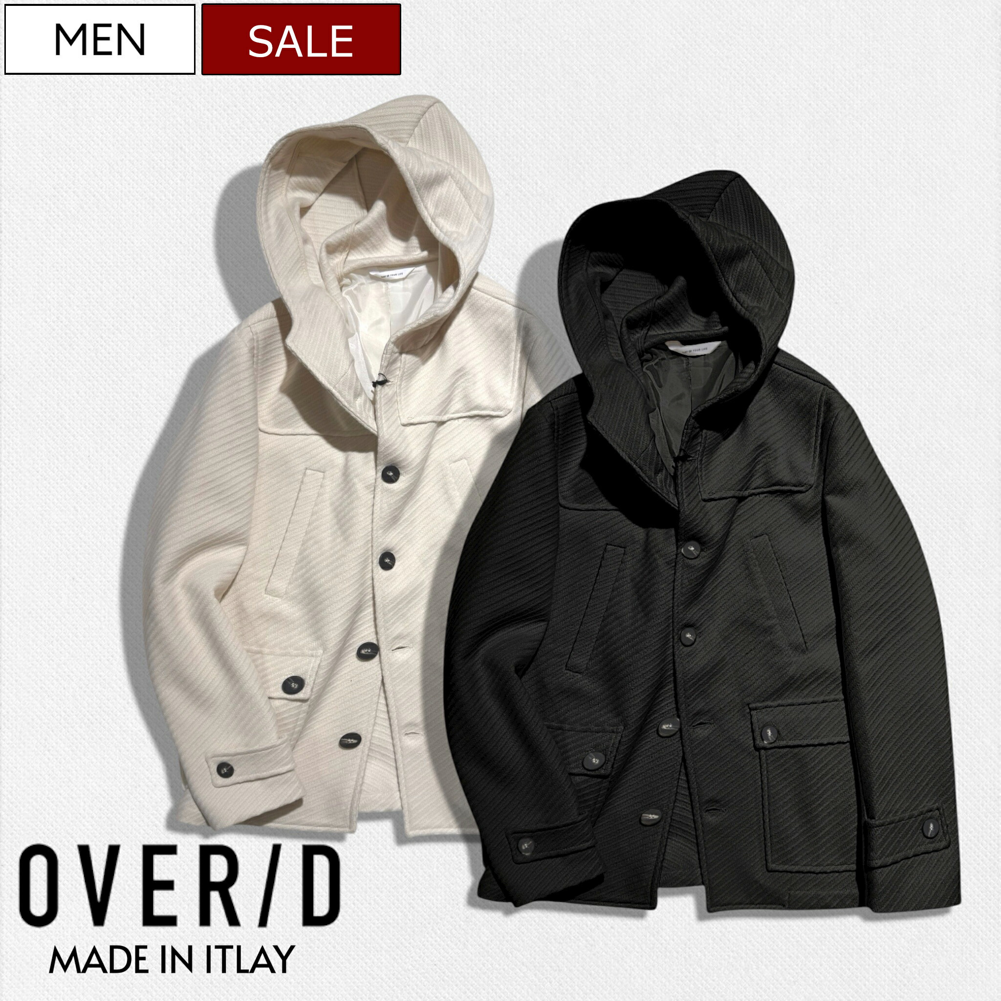 【定価42,900円(税込)】OVER/D - オーバー・ディー クラシックでありながらストリートなスタイルを融合させた計算されたカッティングで魅せるフーディーニットブルゾン コート ジャケット シングル アウター 52269004 52269007 ダークグレーオフホワイト イタリア製 メンズ 21,922円
