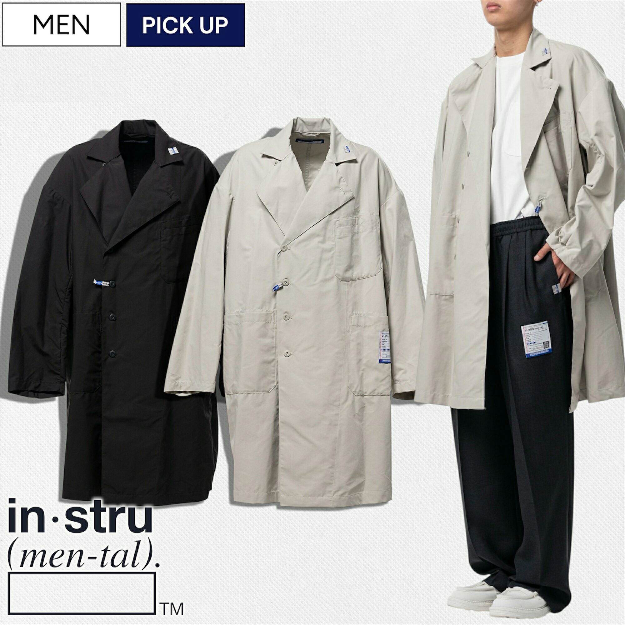 【定価46,200円(税込)】in・stru(men-tal).-インストルメンタル- Maison MIHARA YASUHIROの新ライン！シンプルながら計算された着心地とヌケ感！ブランドタグ付きダブルドクターコート スプリング トレンチ ジャケット オーバーフィット ブラック ベージュ I16CT091 ミハラ｜Studio Route134