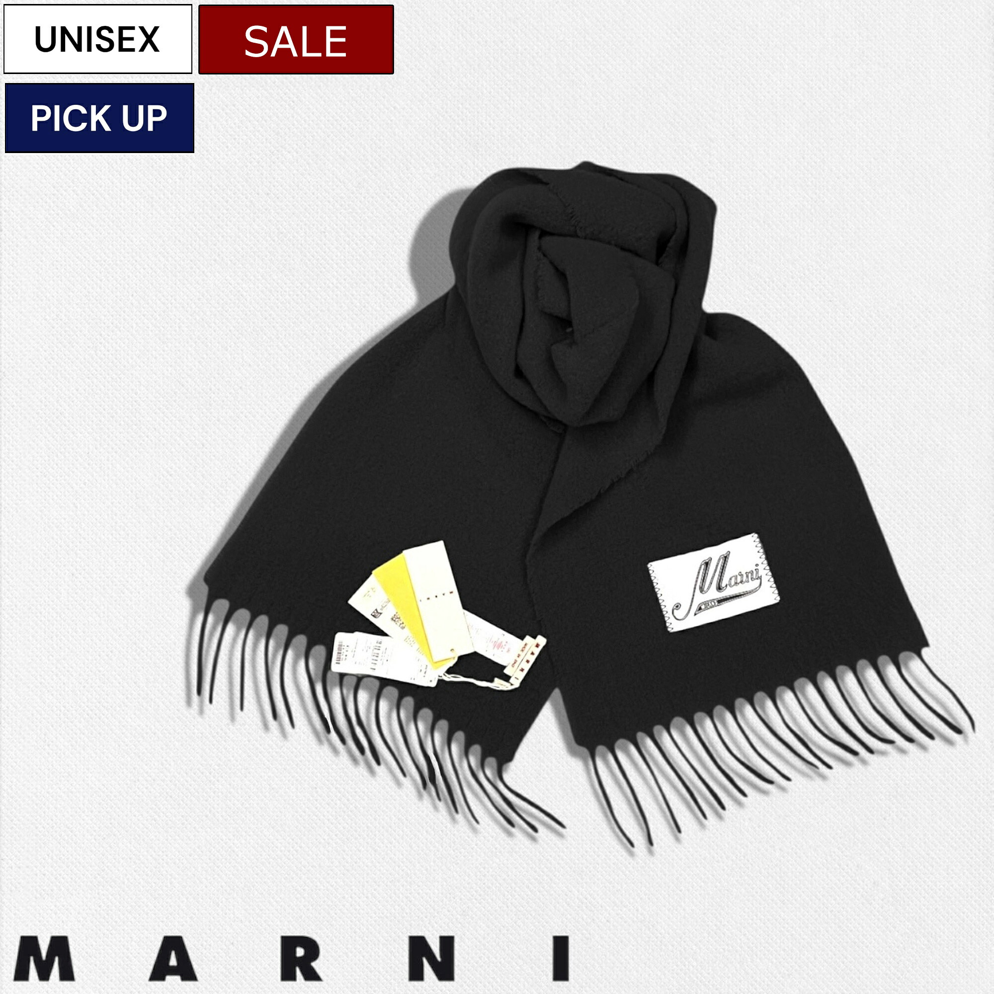 【定価59,400円(税込)】MARNI マルニ 華やかでボリューム感ある逸品！コーデのアクセントにも最適なブランドネームタグ付きブラッシュドアルパカマフラー フリンジ 起毛 大判 イタリア製 アルパカ ブラック 00N99 SCMC0059Y0UTW918 男女兼用 ユニセックス イタリア製