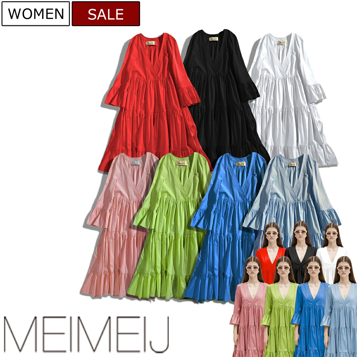 【定価53,900円(税込)】MEIMEIJ メイメイジェー ふんわりギャザーで大人可愛いが叶う カシュクール ティアードワンピース 七分袖 ライトブルー ブルー ライトグリーン ピンク レッド ブラック ホワイト 32318005C レディース イタリア製 メイメイジェイ la1