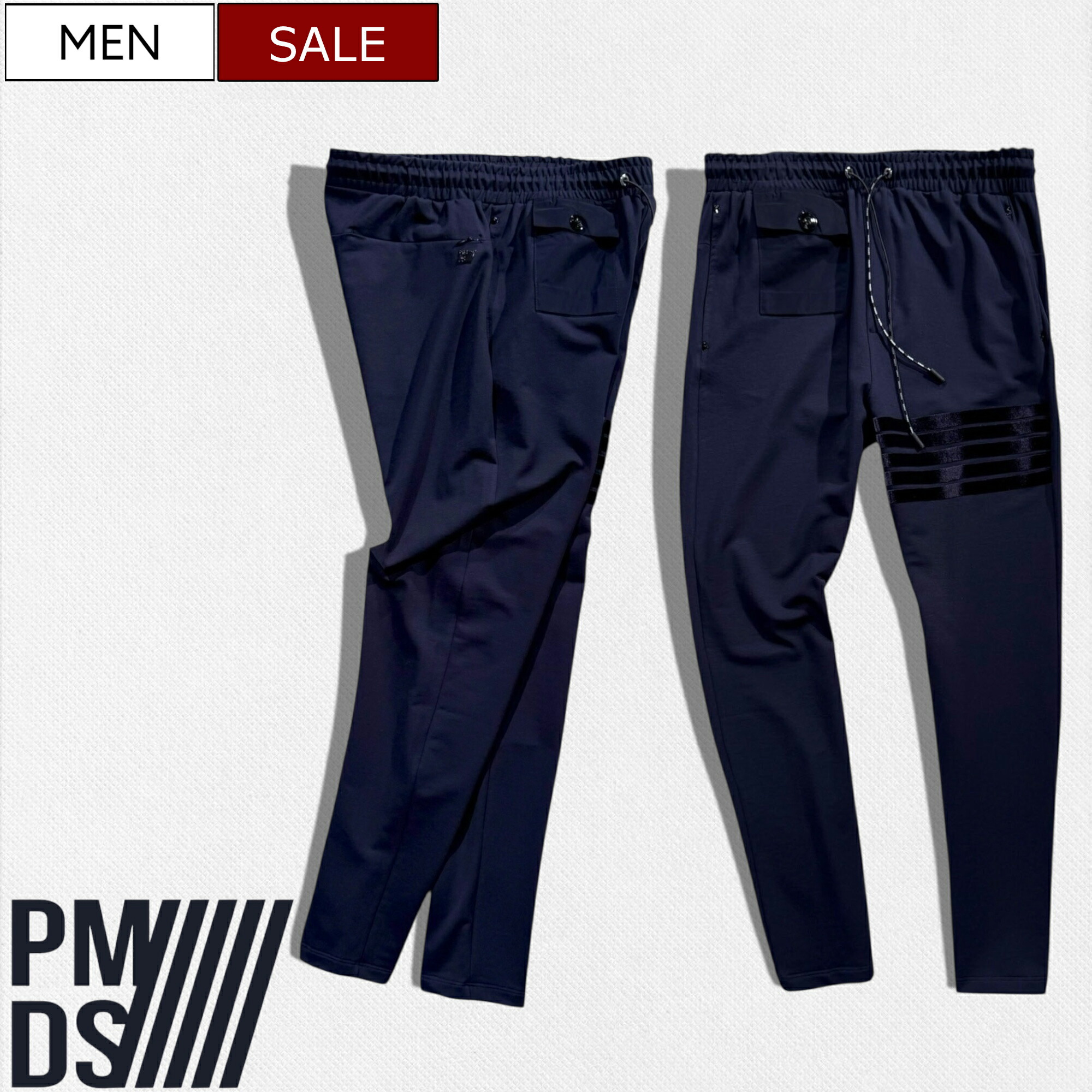 【定価36,300円(税込)】PREMIUM MOOD DENIM SUPERIOR -PMDS-ピーエムディーエス 美しいシルエットでラグジュアリーな大人カジュアルを作るラインデザインジャージースウェットパンツ ドッキング ストレッチ セットアップ ネイビー420591264119 イタリア 伊製 P.M.D.Sメンズ