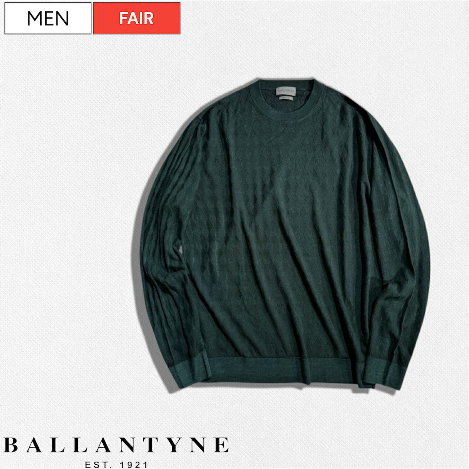【定価121,900円(税込)】BALLANTYNE バランタイン ヴィンテージライクな色合いと織柄が秀逸！大人のワードローブに最適な ジャガード織 サマーウールニット クルーネック セーター プルオーバー ウォッシュ 長袖 エメラルド ダークグリーン R2P000 メンズ